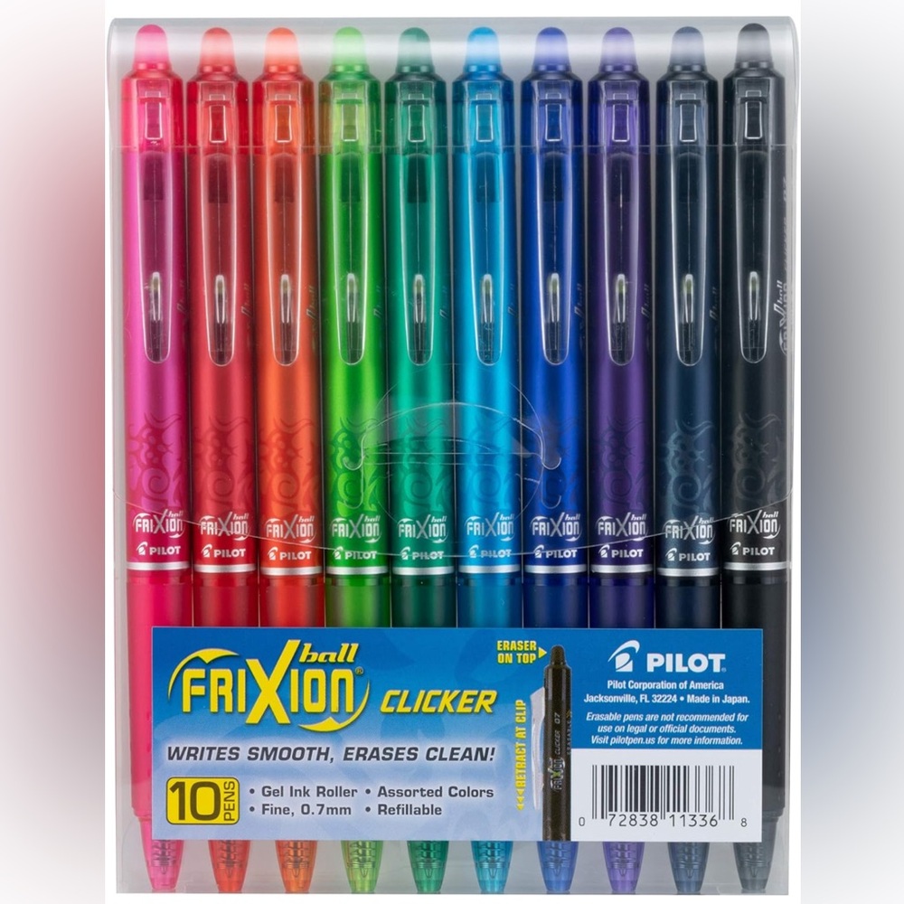 Pilot, FriXion Clicker Erasable Gel Pens, Fine Point 0.7 mm, Pack of 10
